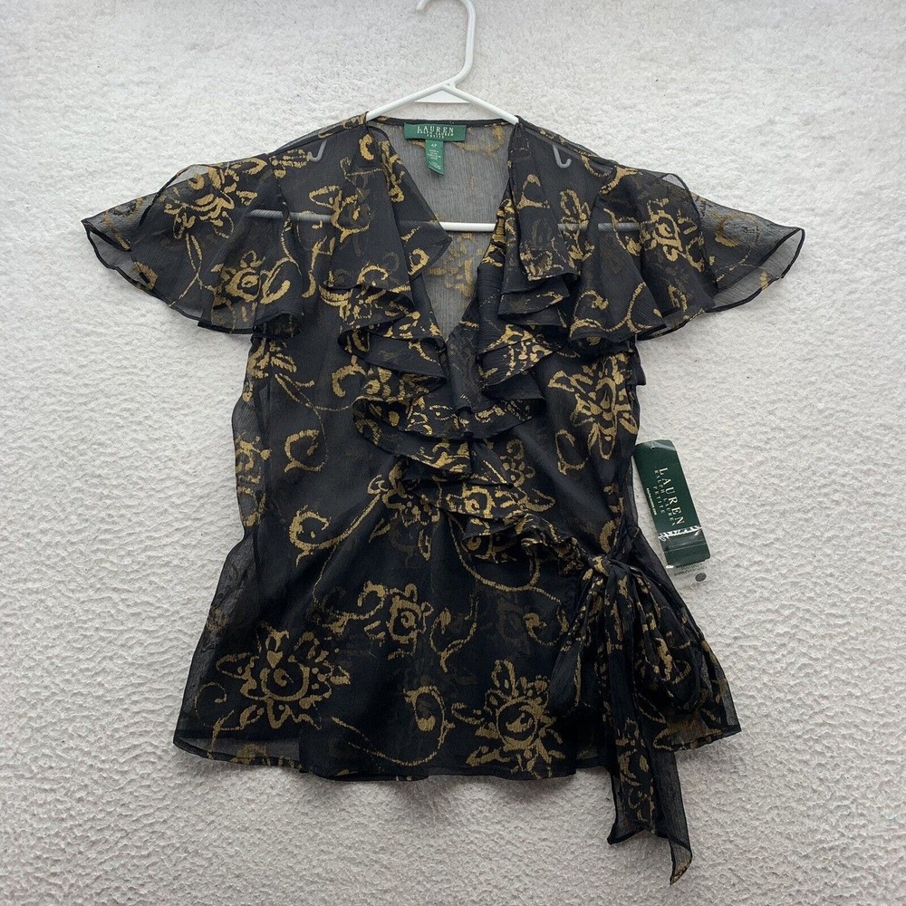 Lauren Ralph Lauren Blouse Womens 4P Petite Sheer Ruffled Layered‎ Bow Tie Sexy